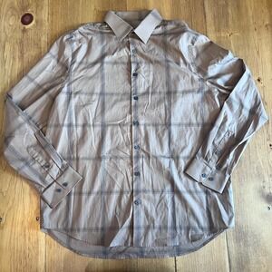 NWT Express Mens XL Slim 1MX Stretch Cotton Plaid Button Down Dress Shirt Tan A9